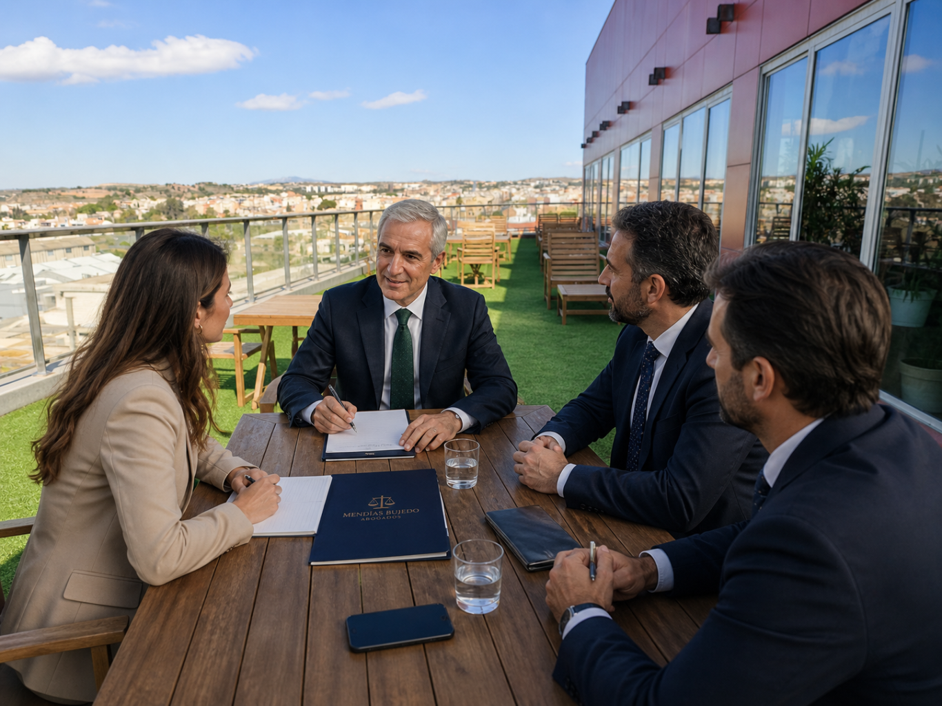 Defensa Penal Empresarial y Compliance en Murcia Alejandro Mendías Bujedo asesorando a clientes en la terraza de la Sede de Murcia